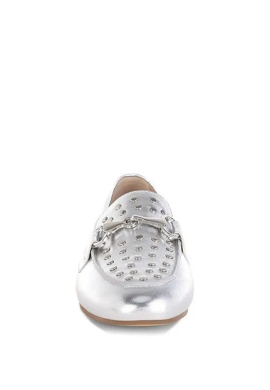 Estafa Horsebit & Studs Metallic Pleather Loafers for Women - Love Salve